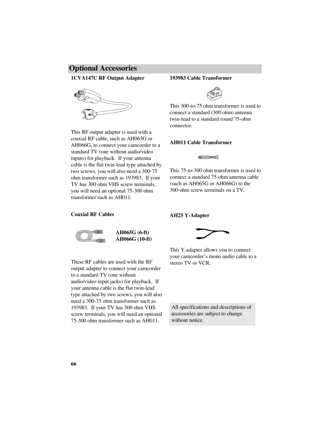 RCA CC616 manual 1CVA147C RF Output Adapter Cable Transformer, Coaxial RF Cables AH065G 6-ft AH066G 10-ft, AH25 Y-Adapter 