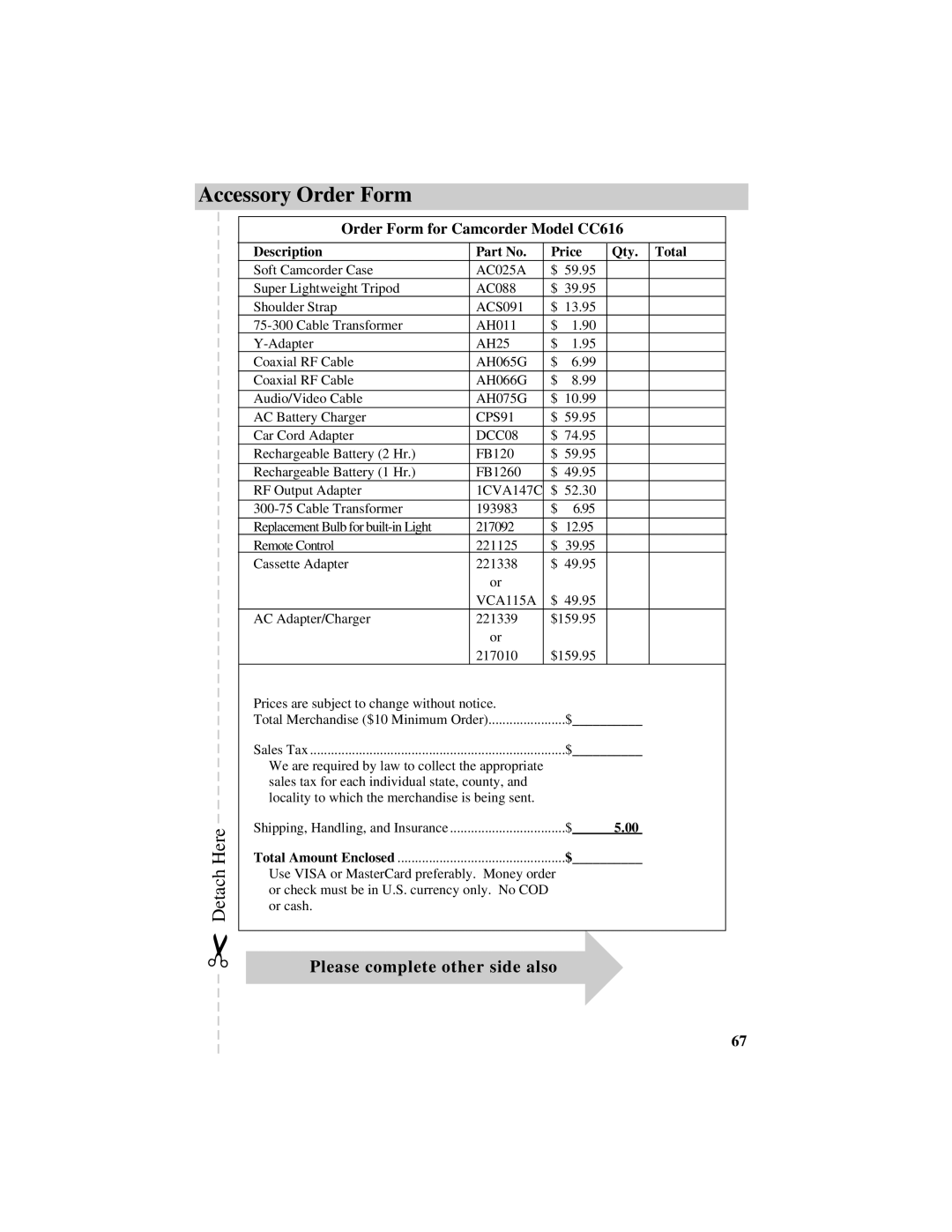 RCA manual Accessory Order Form, Please complete other side also, Order Form for Camcorder Model CC616 