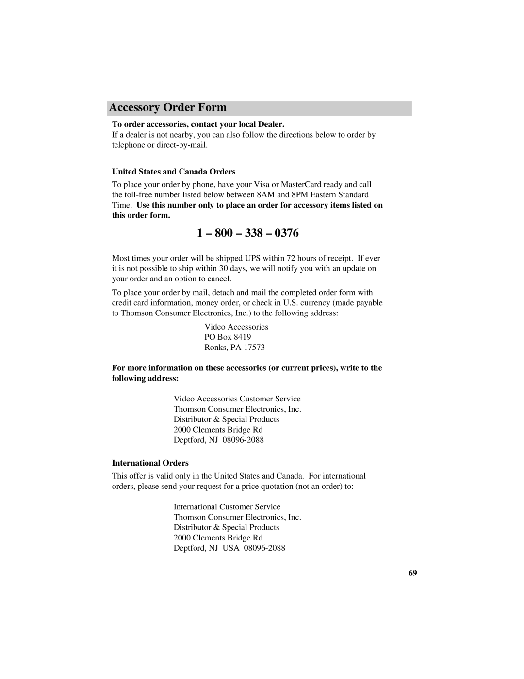 RCA CC616 manual 800 338, United States and Canada Orders, This order form, International Orders 