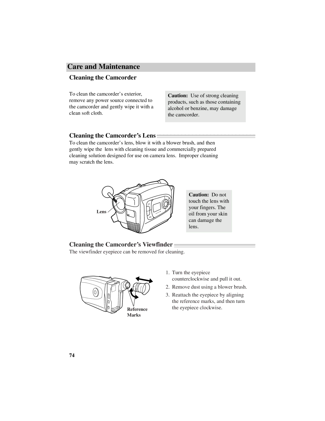 RCA CC616 manual Care and Maintenance, Cleaning the Camcorder’s Lens, Cleaning the Camcorder’s Viewfinder 