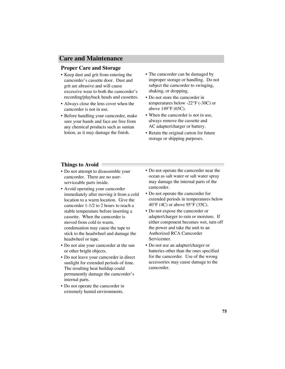 RCA CC616 manual Proper Care and Storage, Things to Avoid 