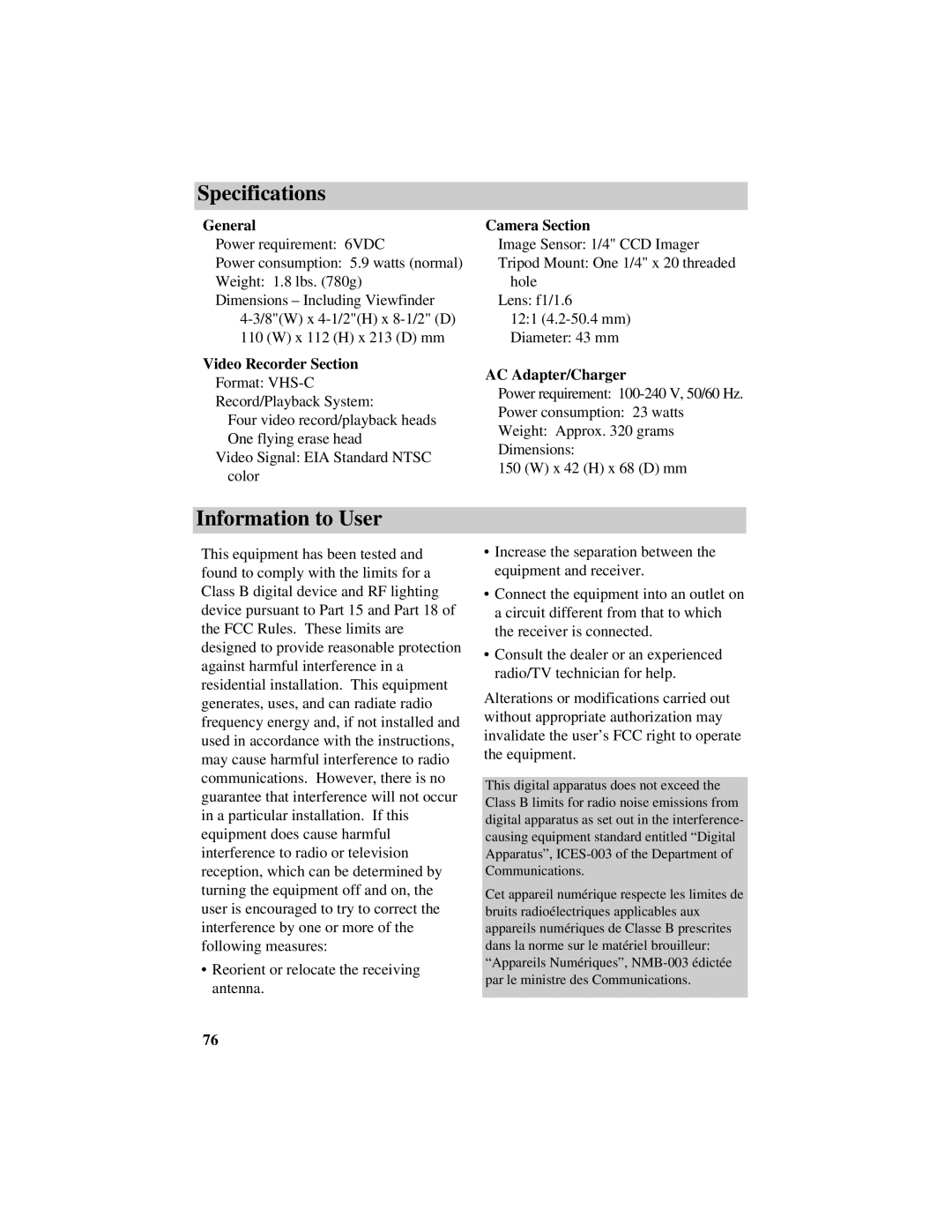 RCA CC616 manual Specifications, Information to User 