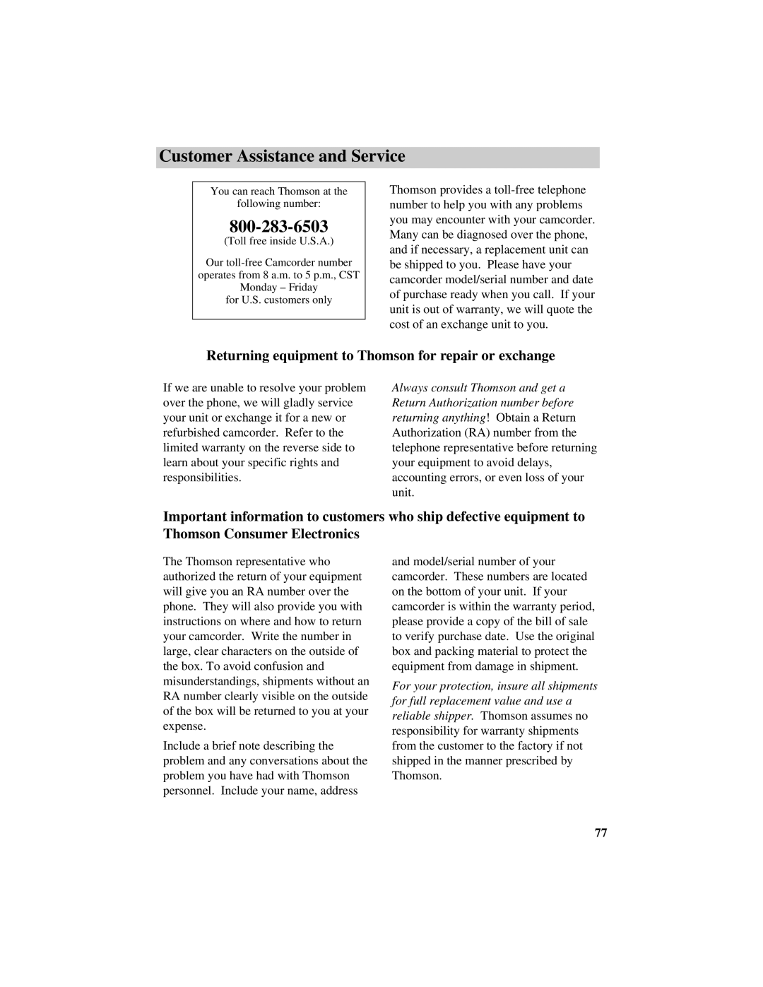 RCA CC616 manual Customer Assistance and Service, Returning equipment to Thomson for repair or exchange 