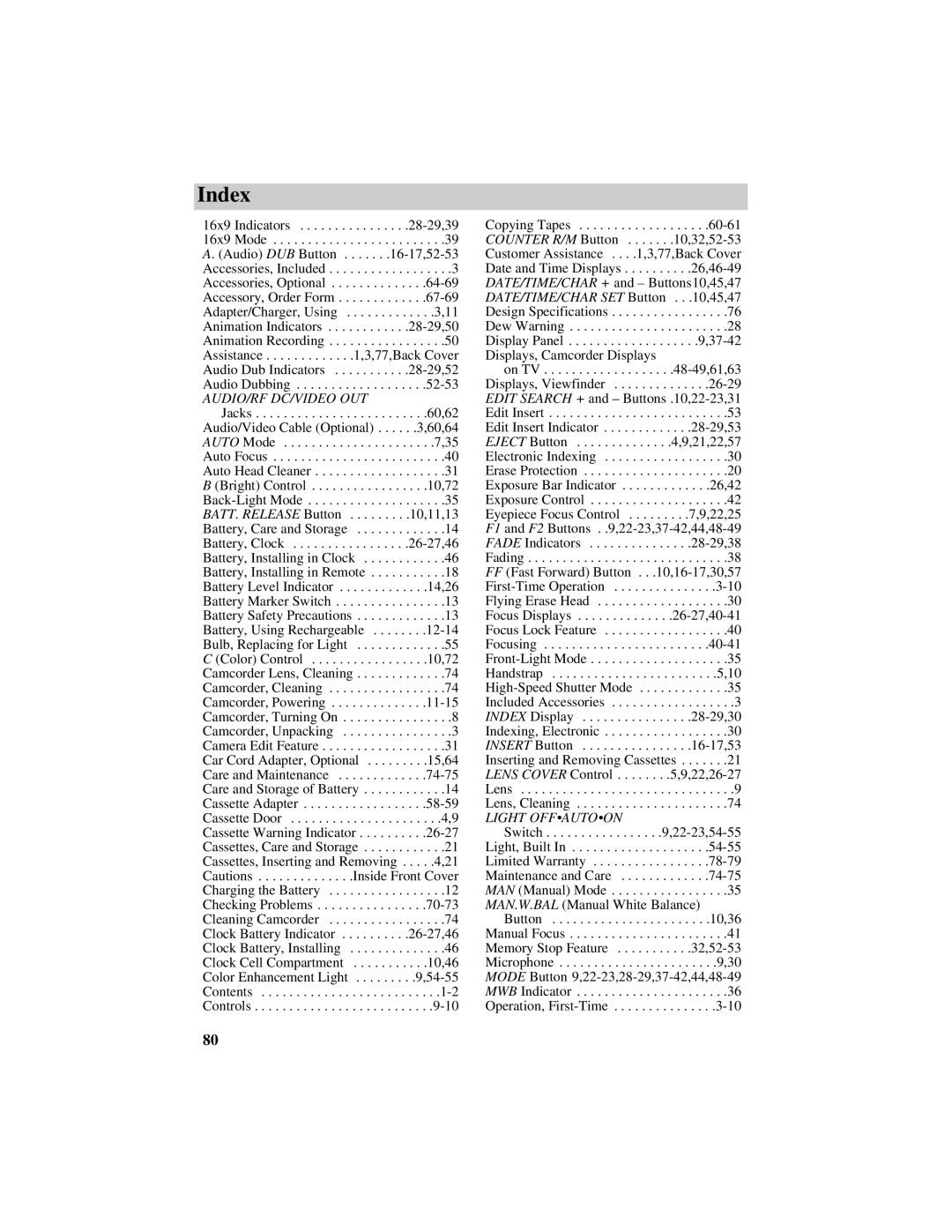 RCA CC616 manual Index, Audio/Rf Dc/Video Out 