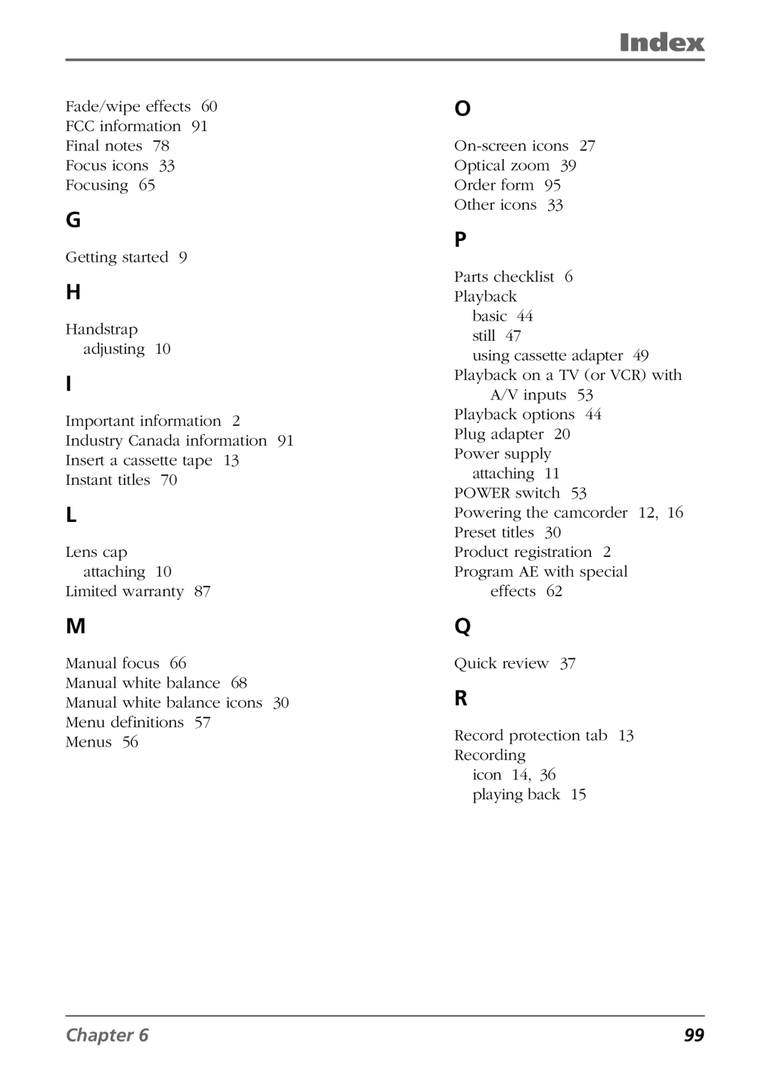 RCA CC6254 manual Index 