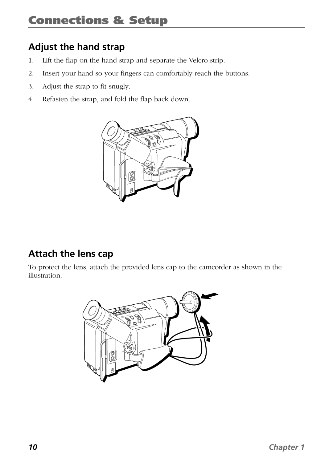 RCA CC6254 manual Adjust the hand strap, Attach the lens cap 