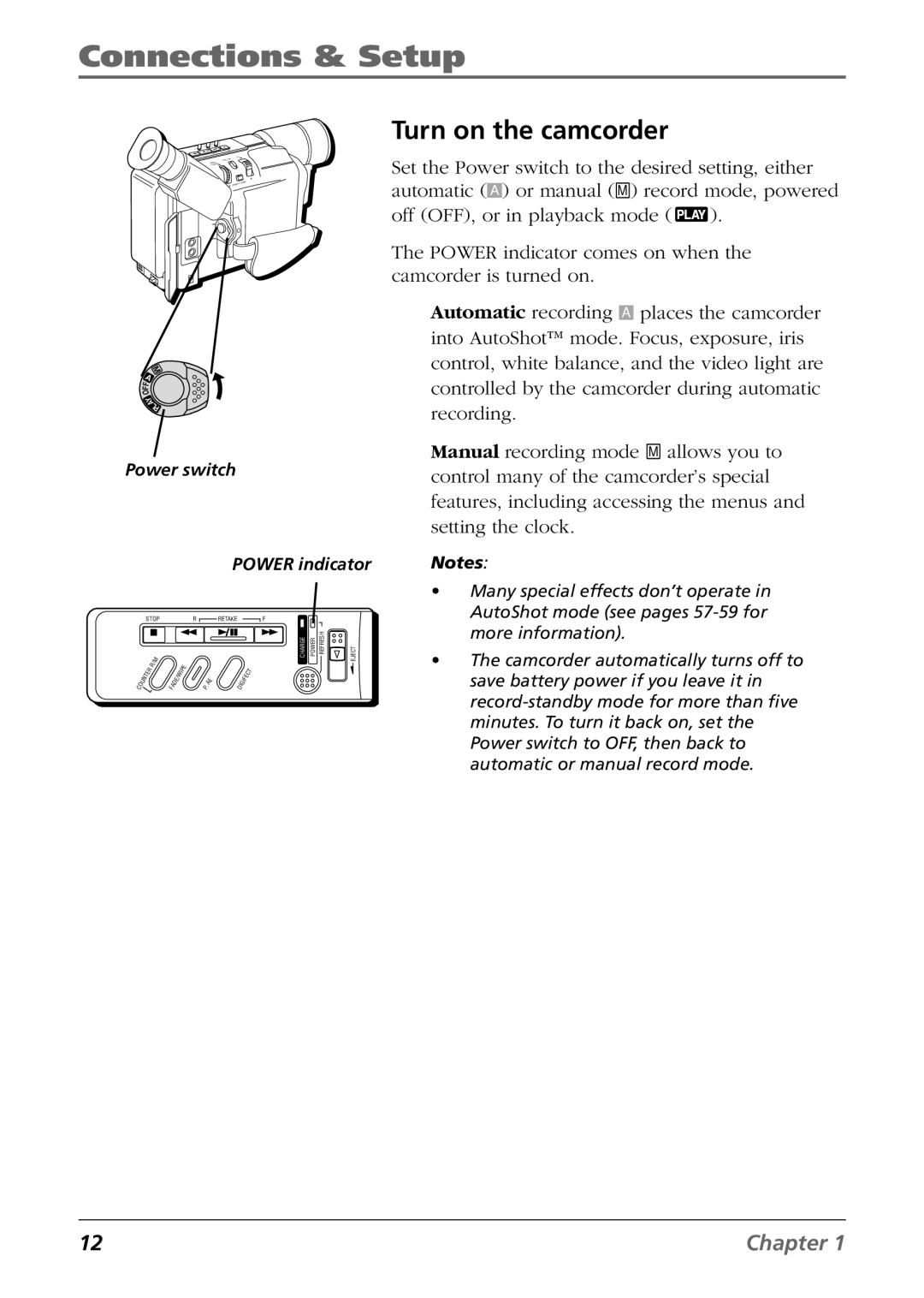 RCA CC6254 manual Turn on the camcorder, Power indicator 