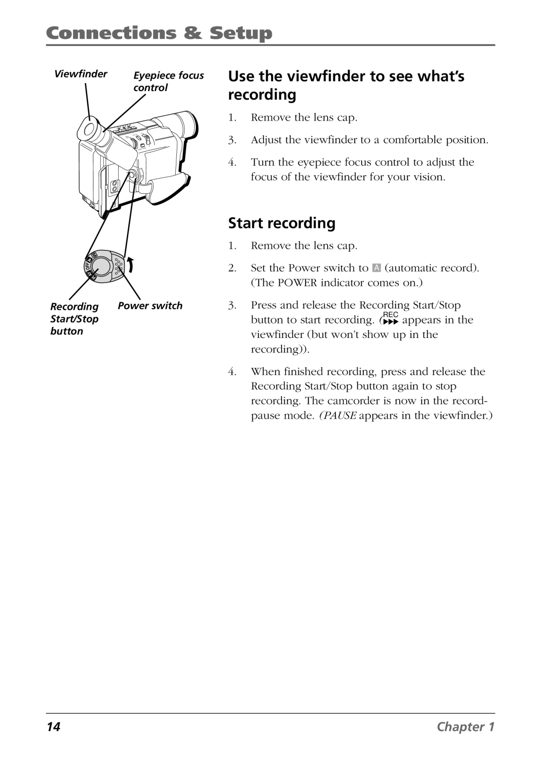 RCA CC6254 manual Use the viewfinder to see what’s recording, Start recording 