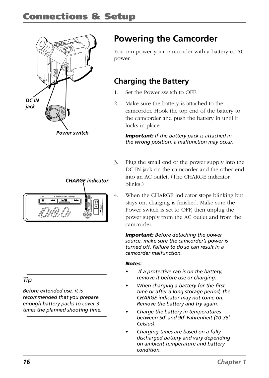 RCA CC6254 manual Powering the Camcorder, Charging the Battery 