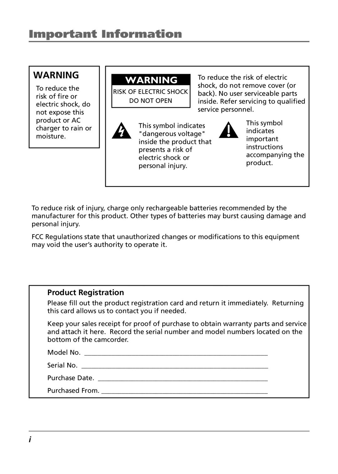 RCA CC6254 manual Important Information, Product Registration 