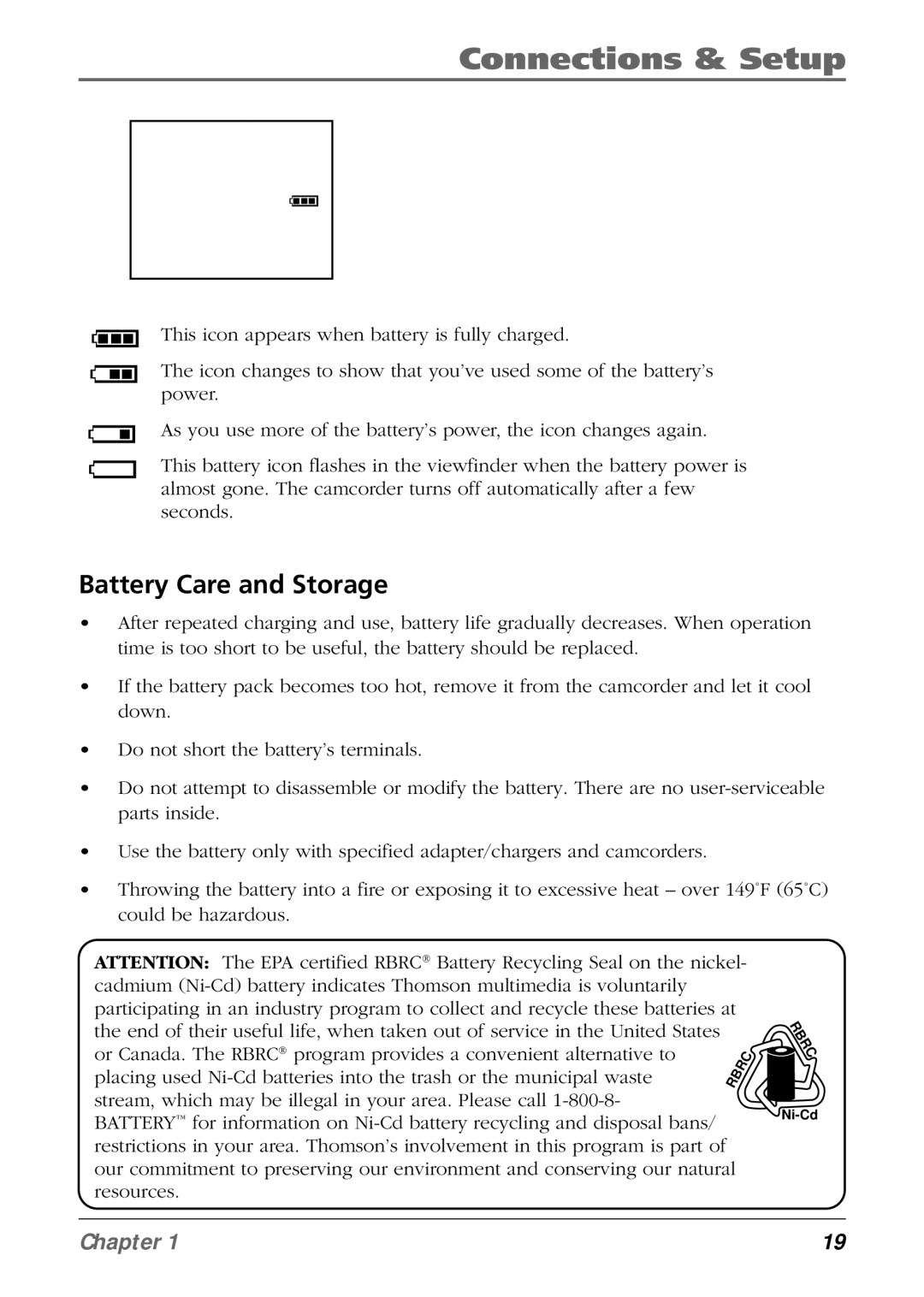 RCA CC6254 manual Battery Care and Storage 