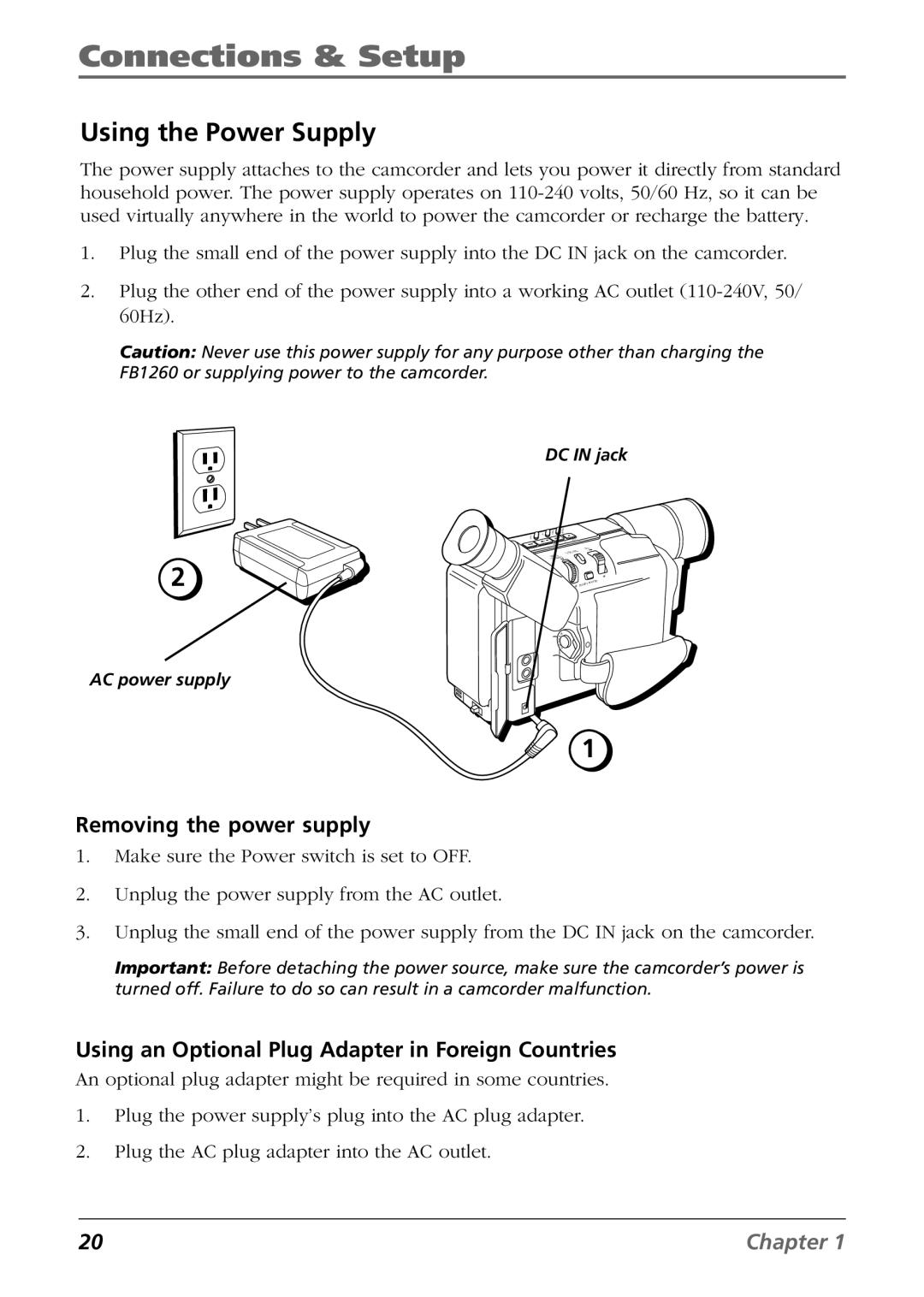 RCA CC6254 manual Using the Power Supply, Removing the power supply, Using an Optional Plug Adapter in Foreign Countries 