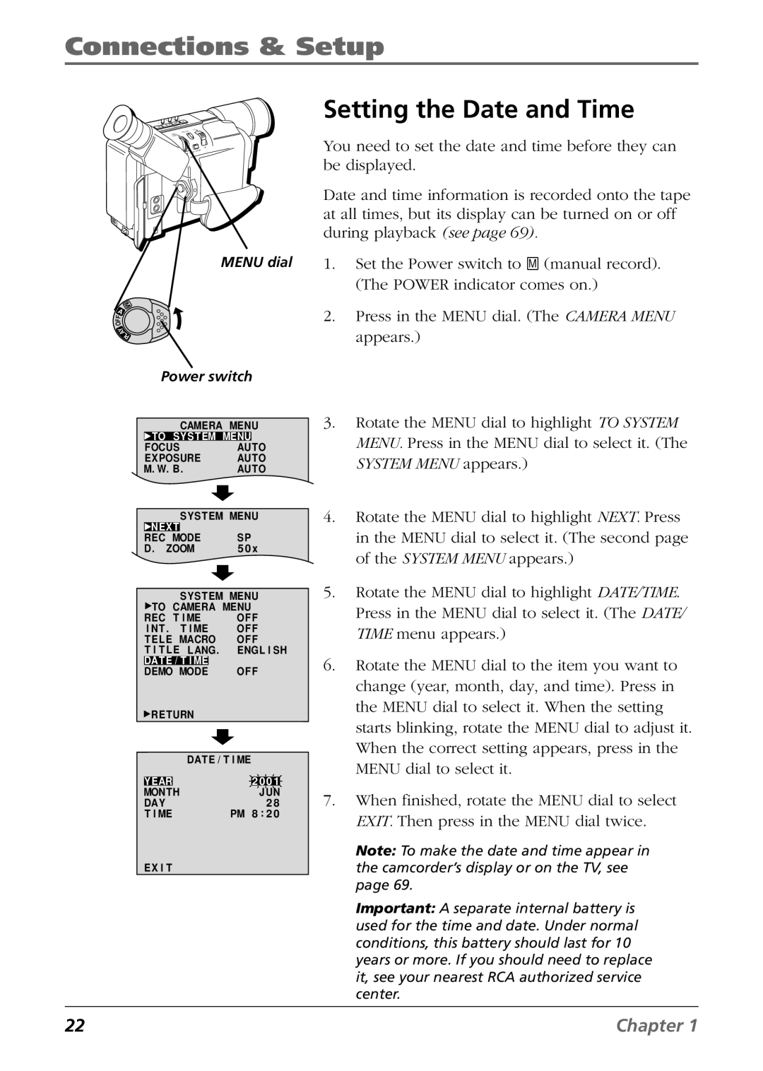 RCA CC6254 manual Setting the Date and Time 