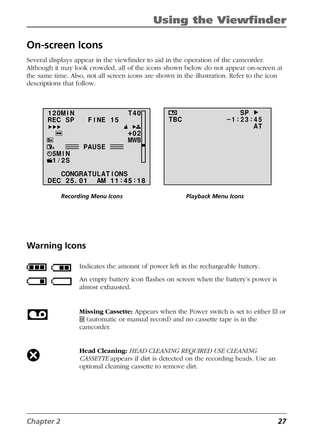 RCA CC6254 manual On-screen Icons, Tbc 