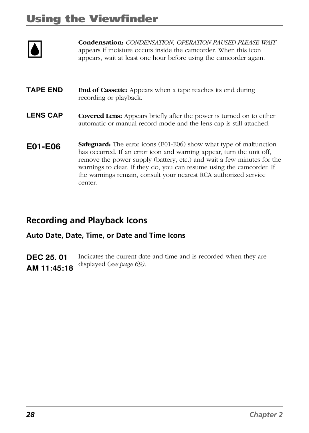 RCA CC6254 manual Recording and Playback Icons, Auto Date, Date, Time, or Date and Time Icons DEC 25 