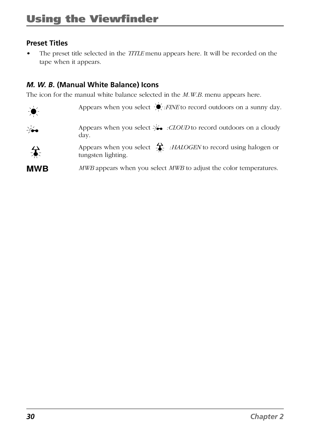 RCA CC6254 manual Preset Titles, B. Manual White Balance Icons 