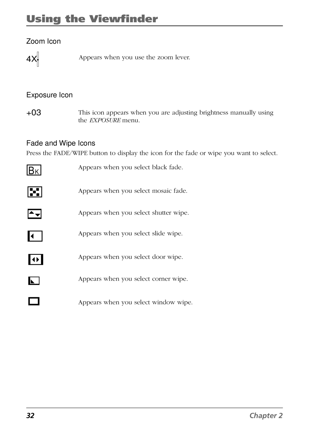 RCA CC6254 manual Zoom Icon Exposure Icon, Fade and Wipe Icons 