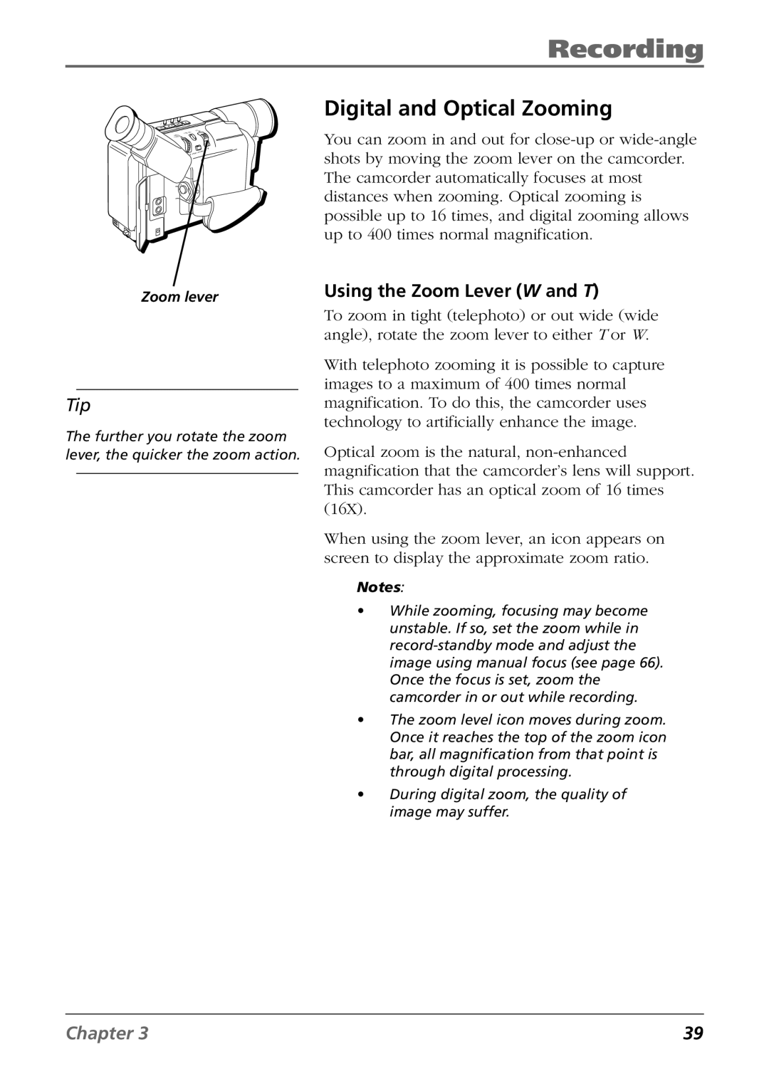 RCA CC6254 manual Digital and Optical Zooming, Using the Zoom Lever W and T 