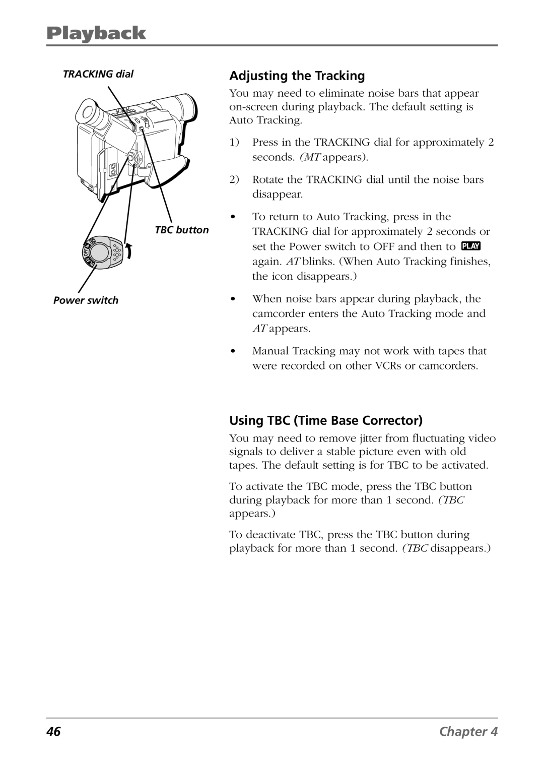 RCA CC6254 manual Using TBC Time Base Corrector, Adjusting the Tracking 