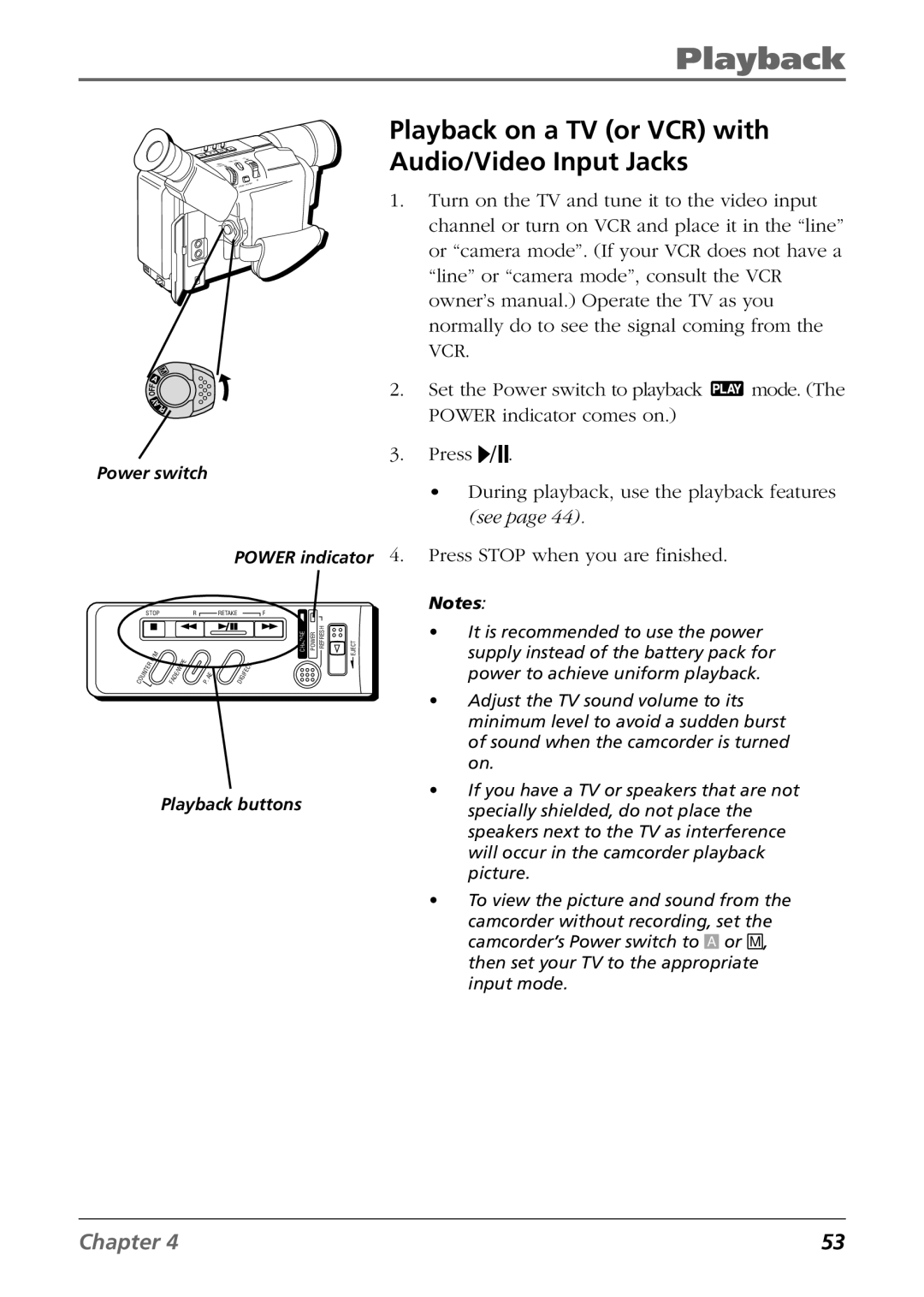 RCA CC6254 manual Playback on a TV or VCR with Audio/Video Input Jacks 