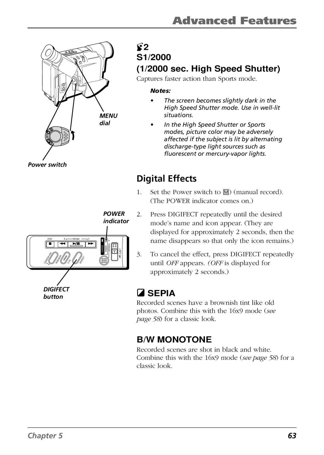 RCA CC6254 manual Digital Effects, S1/2000 2000 sec. High Speed Shutter 