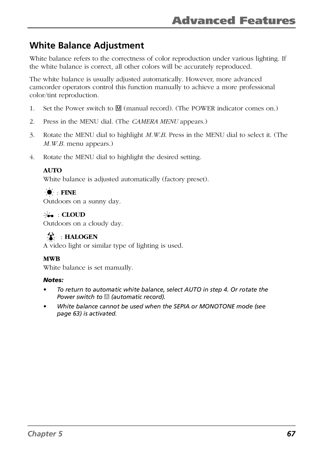 RCA CC6254 manual White Balance Adjustment, Mwb 