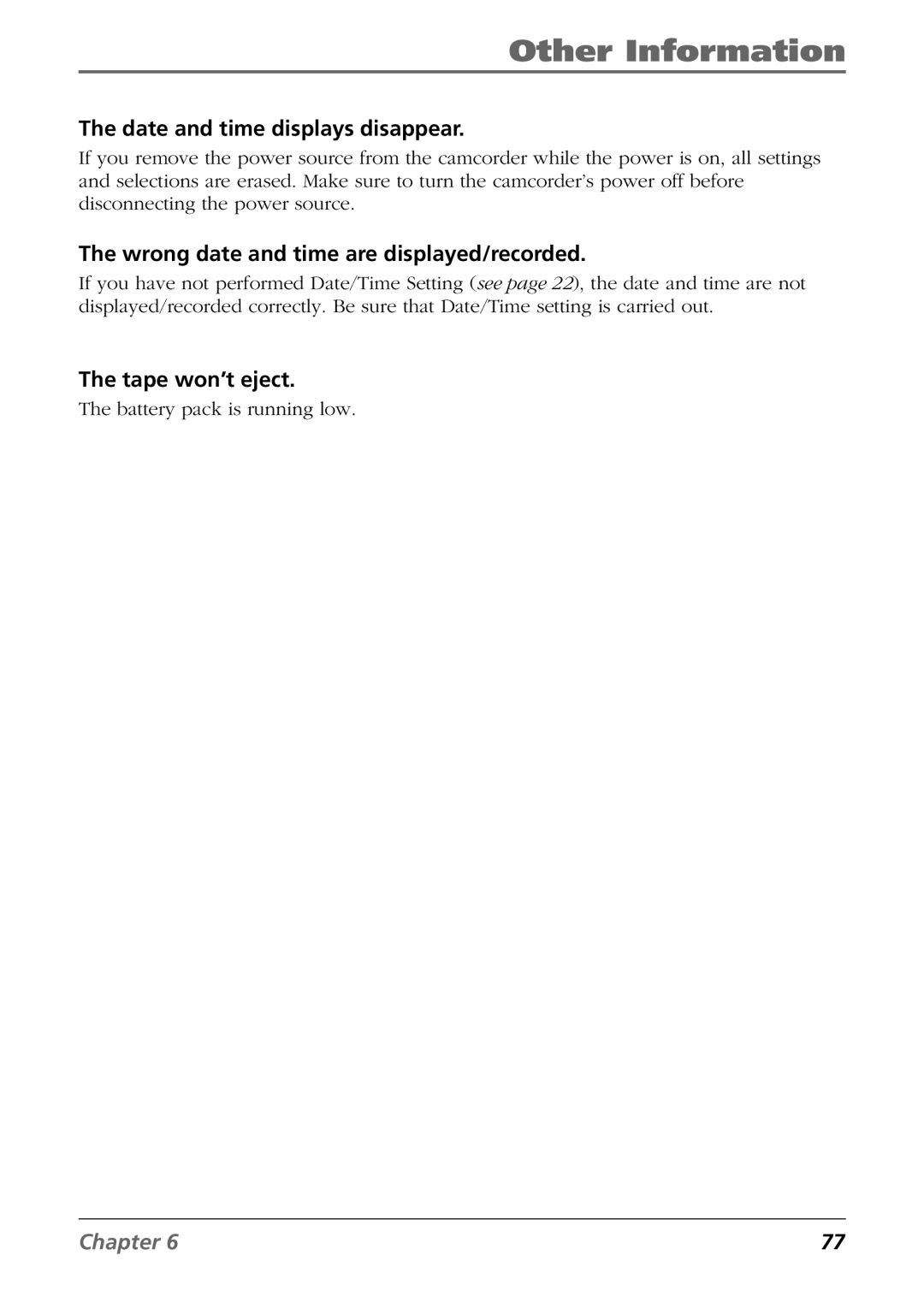 RCA CC6254 manual Date and time displays disappear, Wrong date and time are displayed/recorded, Tape won’t eject 