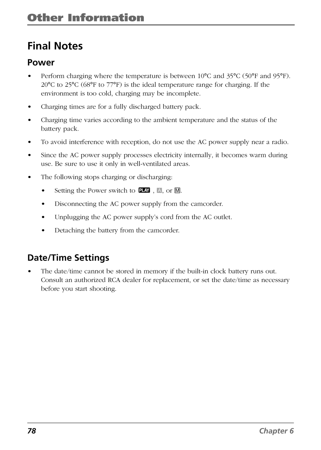 RCA CC6254 manual Final Notes, Power, Date/Time Settings 