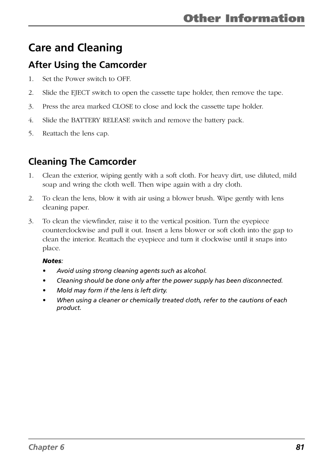 RCA CC6254 manual Care and Cleaning, After Using the Camcorder, Cleaning The Camcorder 