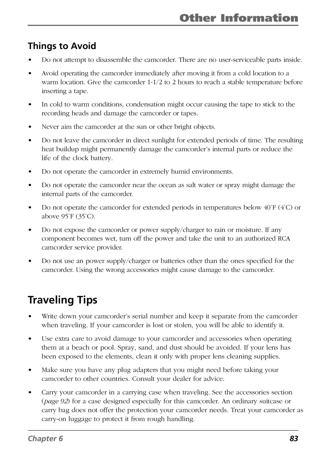 RCA CC6254 manual Traveling Tips, Things to Avoid 