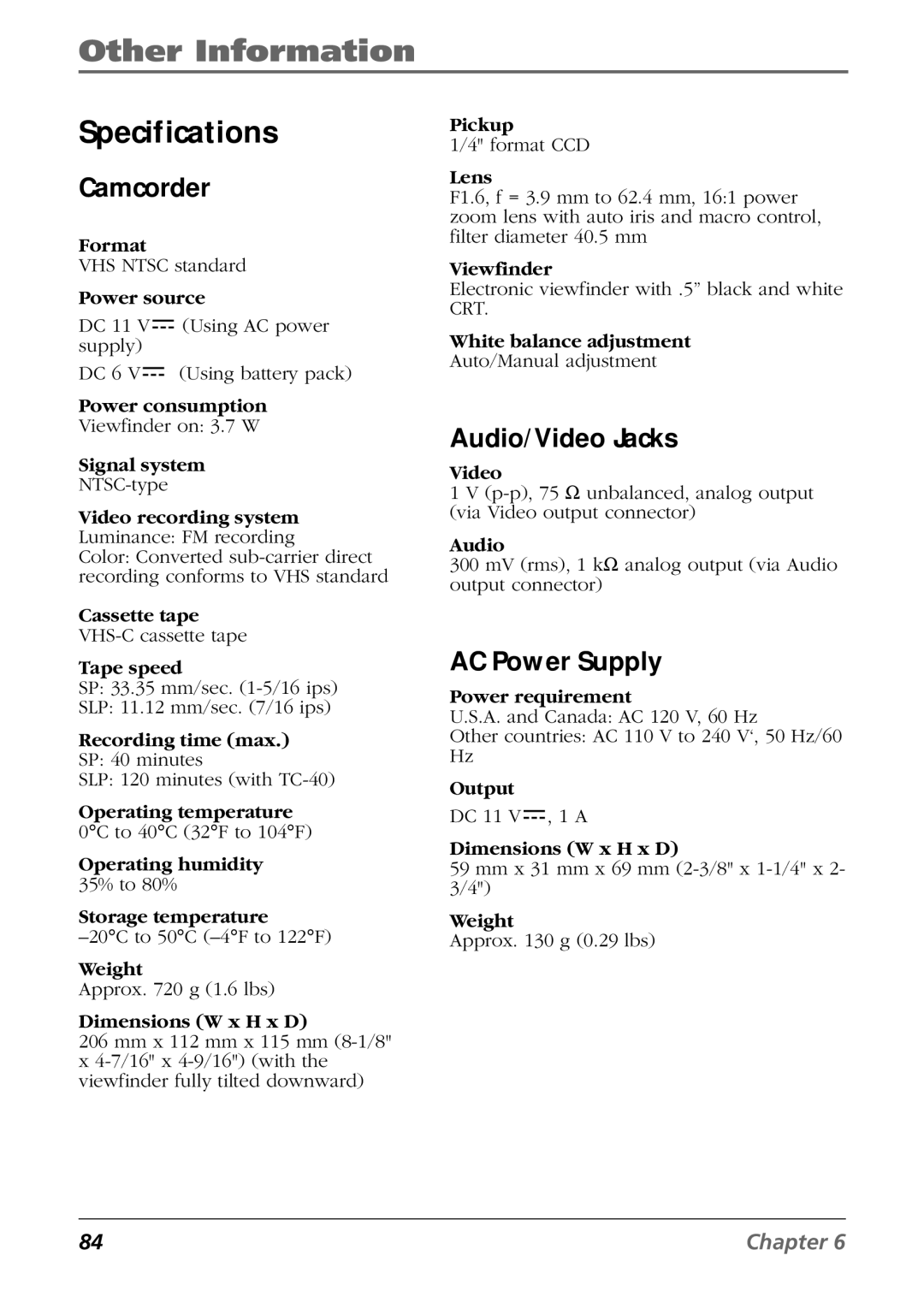 RCA CC6254 manual Specifications, Camcorder, Audio/Video Jacks, AC Power Supply 