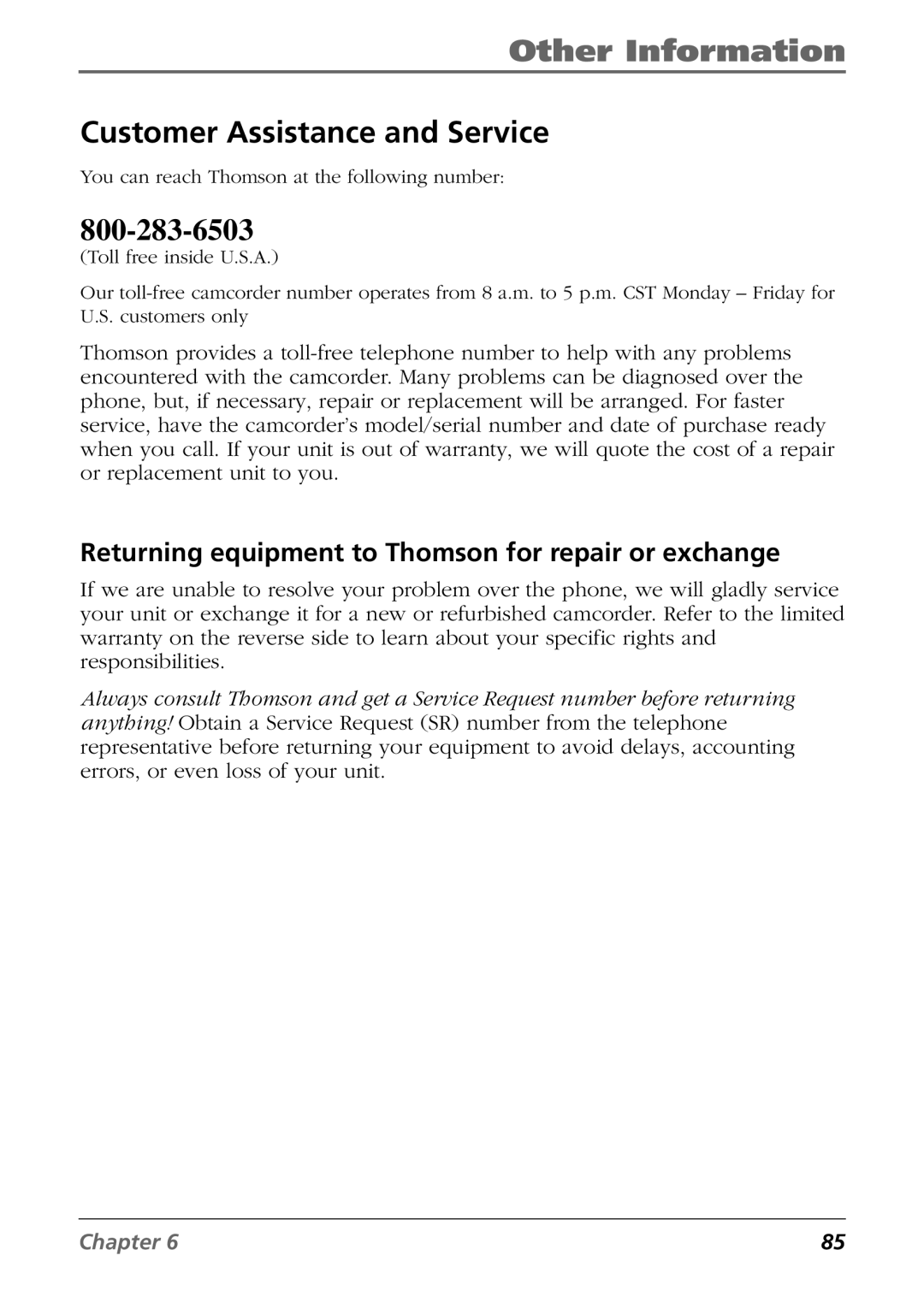 RCA CC6254 manual Customer Assistance and Service, Returning equipment to Thomson for repair or exchange 