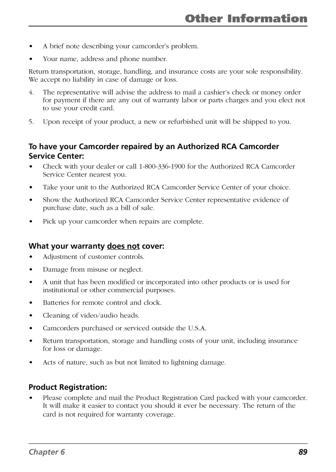 RCA CC6254 manual What your warranty does not cover, Product Registration 