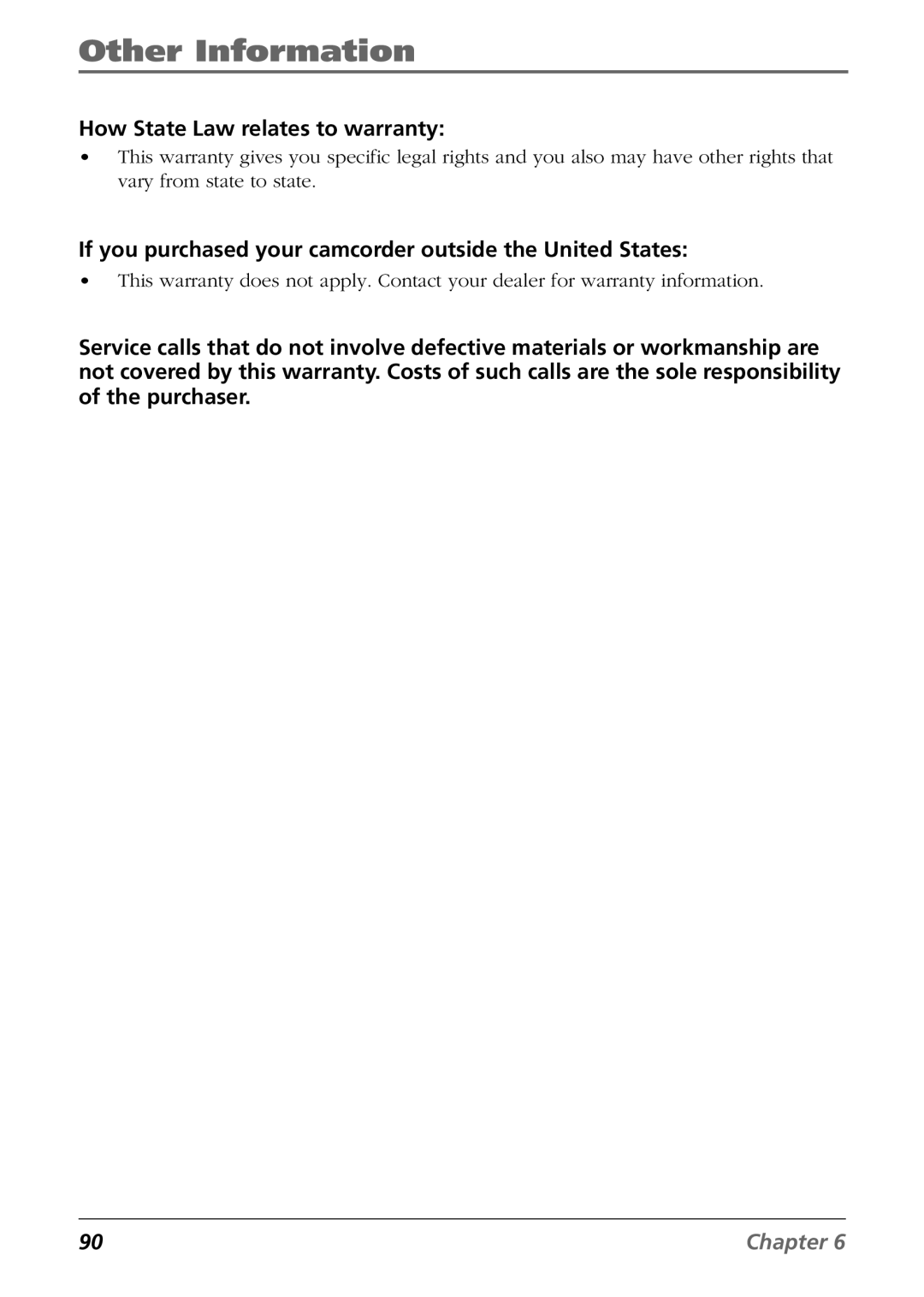 RCA CC6254 manual How State Law relates to warranty, If you purchased your camcorder outside the United States 