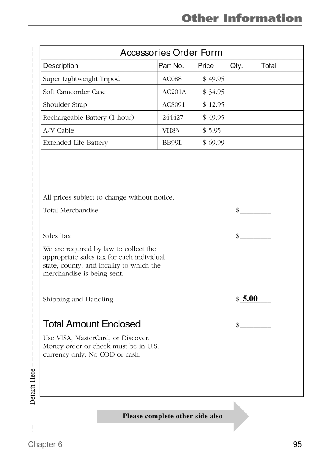 RCA CC6254 manual Accessories Order Form, Description Price Qty Total 