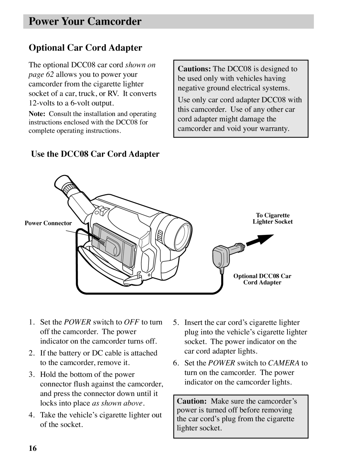 RCA CC6263 manual Optional Car Cord Adapter, Use the DCC08 Car Cord Adapter 