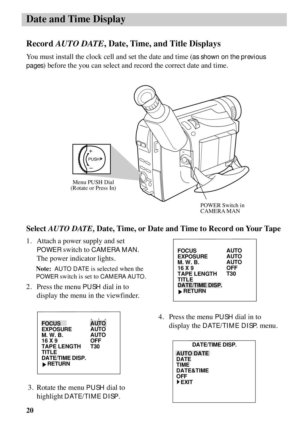 RCA CC6263 manual Record Auto DATE, Date, Time, and Title Displays 