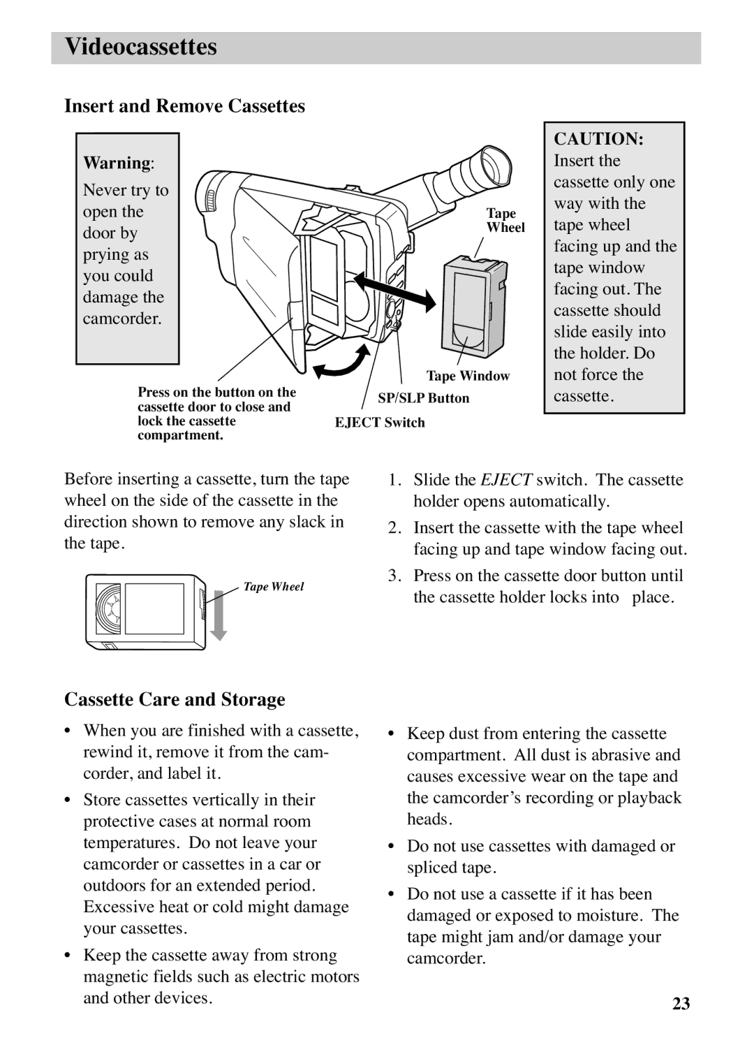 RCA CC6263 manual Insert and Remove Cassettes, Cassette Care and Storage 