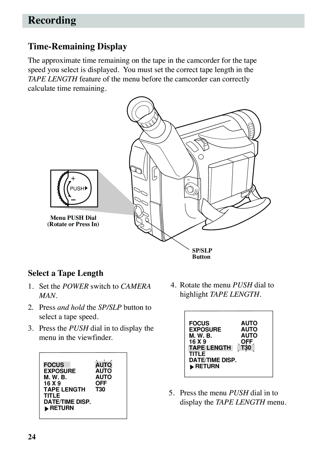 RCA CC6263 manual Recording, Time-Remaining Display, Select a Tape Length 