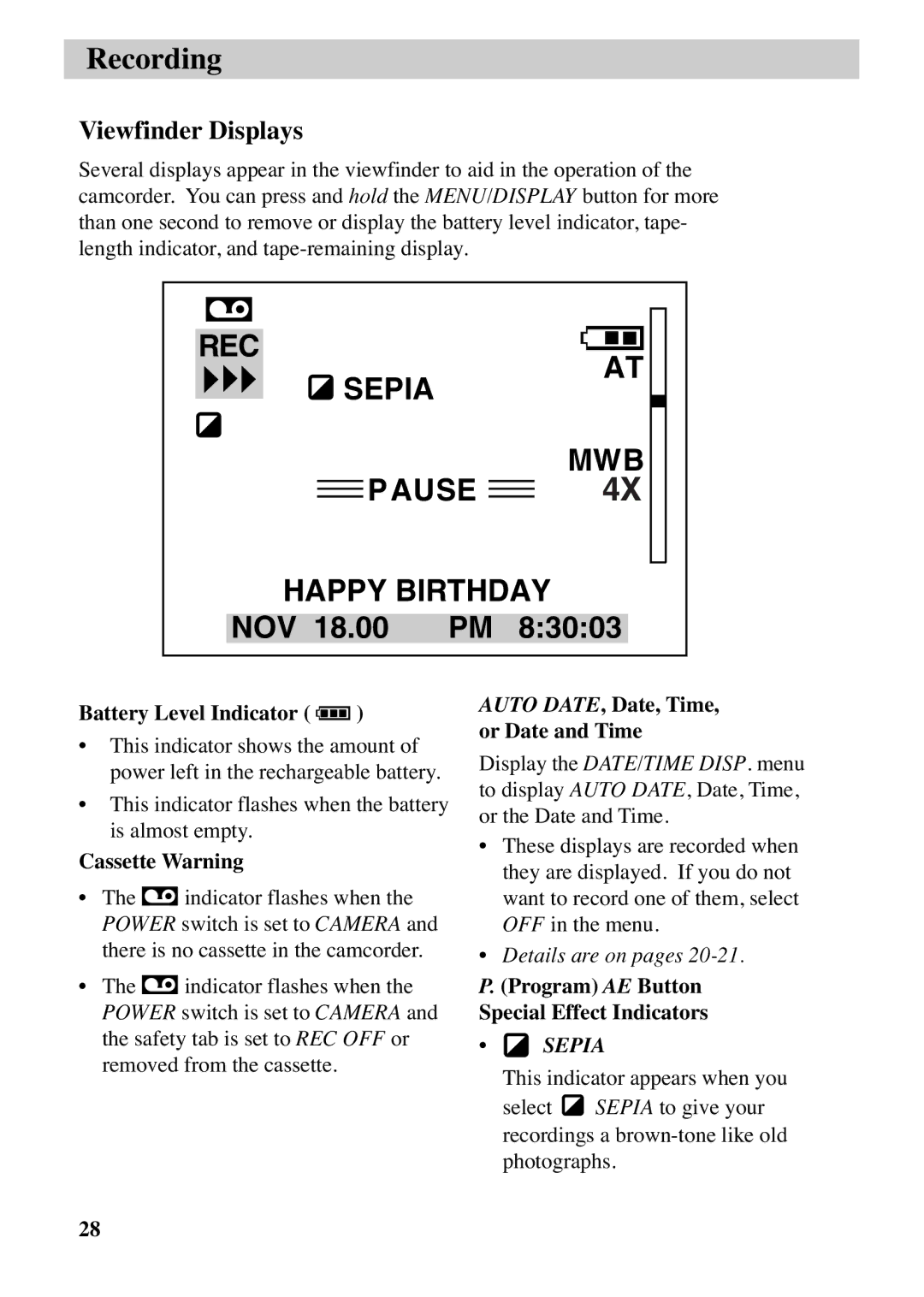 RCA CC6263 manual Battery Level Indicator, Cassette Warning, Auto DATE, Date, Time, or Date and Time 