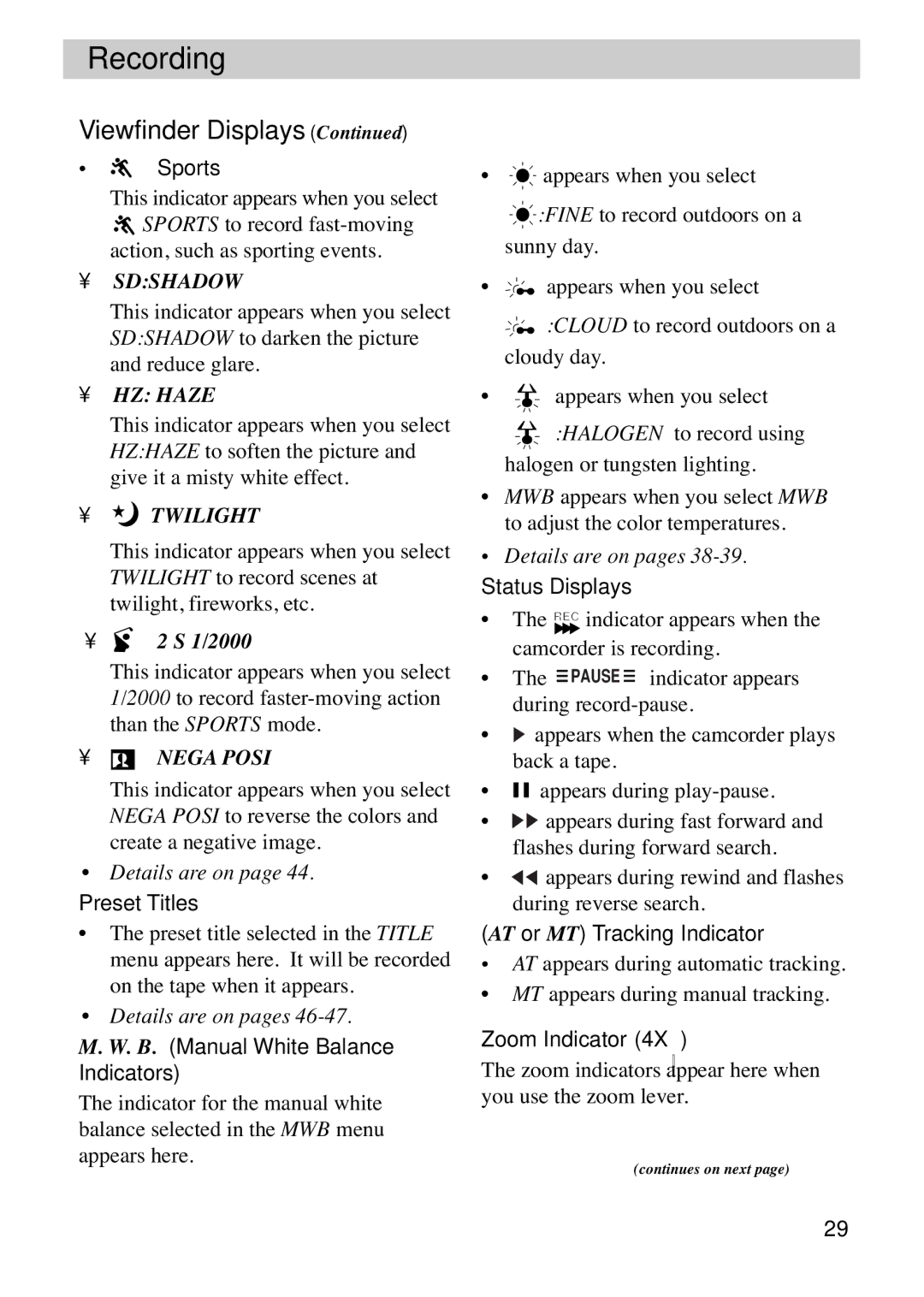 RCA CC6263 manual Sports, Preset Titles, B. Manual White Balance Indicators, Status Displays, AT or MT Tracking Indicator 