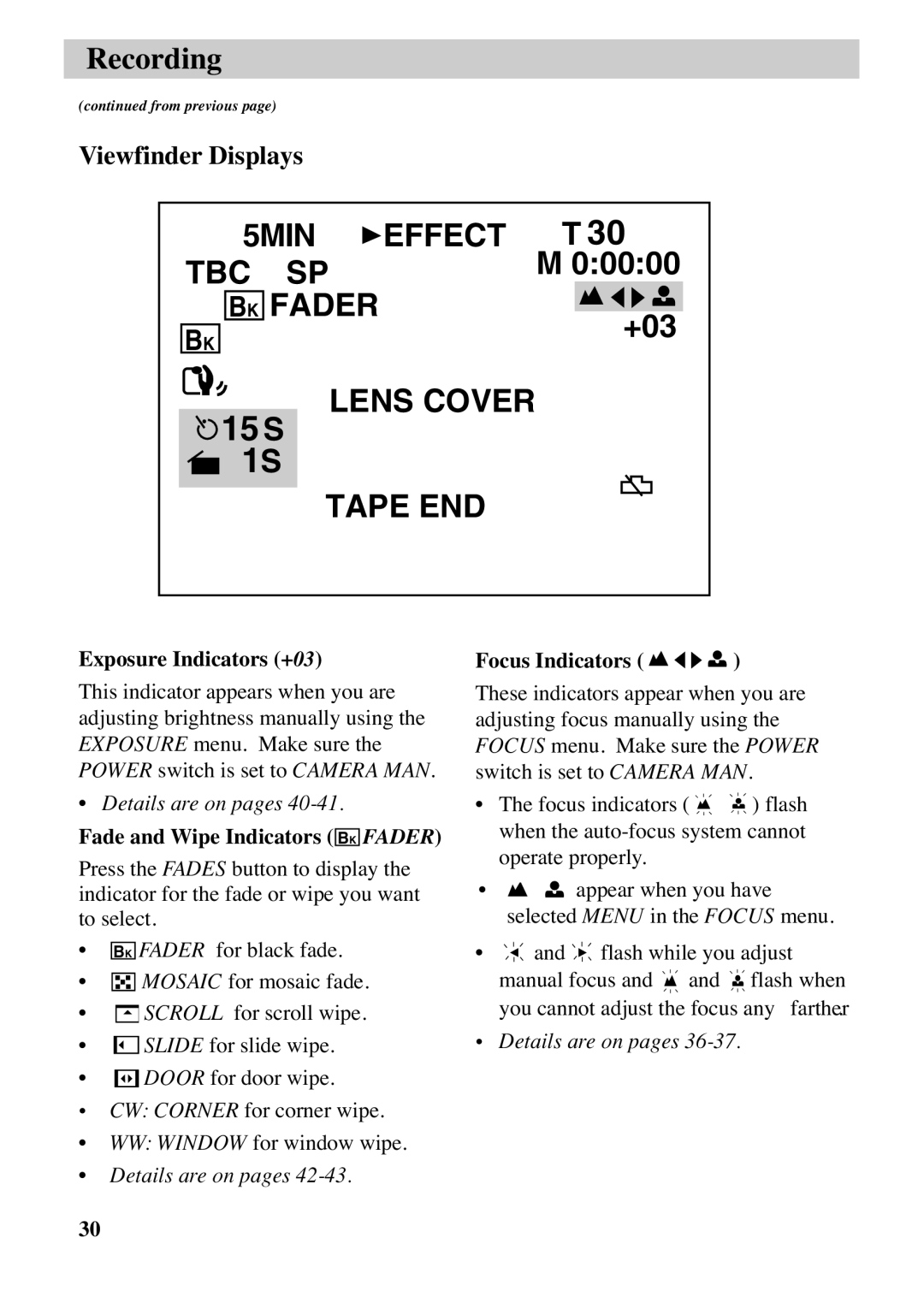 RCA CC6263 manual Exposure Indicators +03, Fade and Wipe Indicators BK Fader, Focus Indicators 