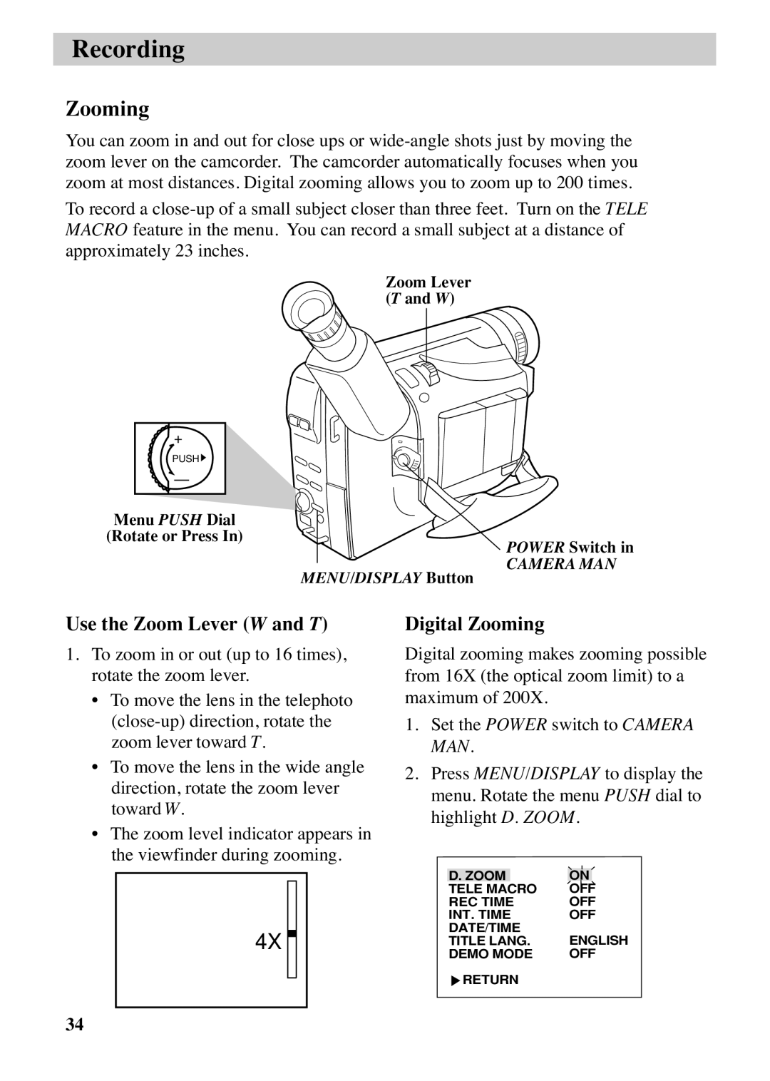 RCA CC6263 manual Use the Zoom Lever W and T, Digital Zooming 