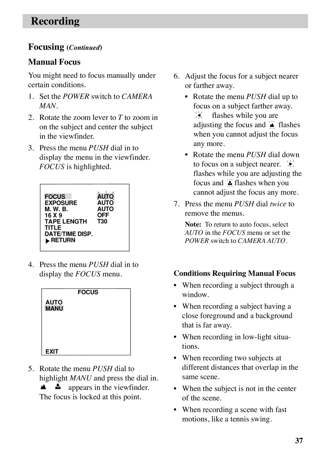 RCA CC6263 manual Conditions Requiring Manual Focus 