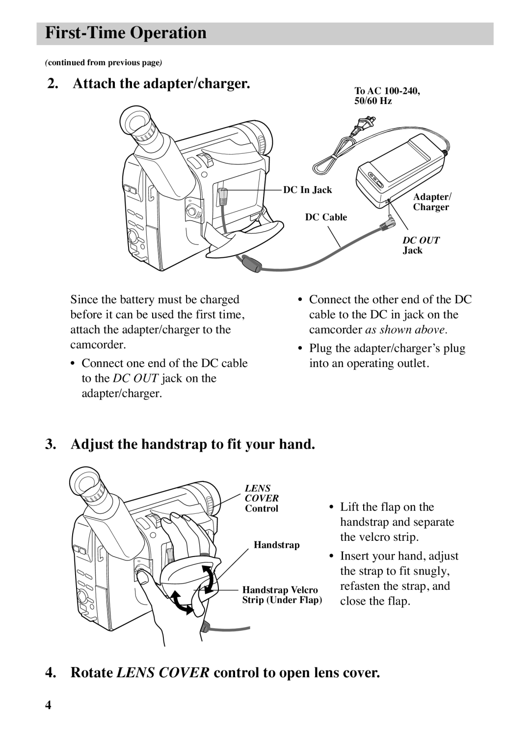 RCA CC6263 Attach the adapter/charger, Adjust the handstrap to fit your hand, Rotate Lens Cover control to open lens cover 