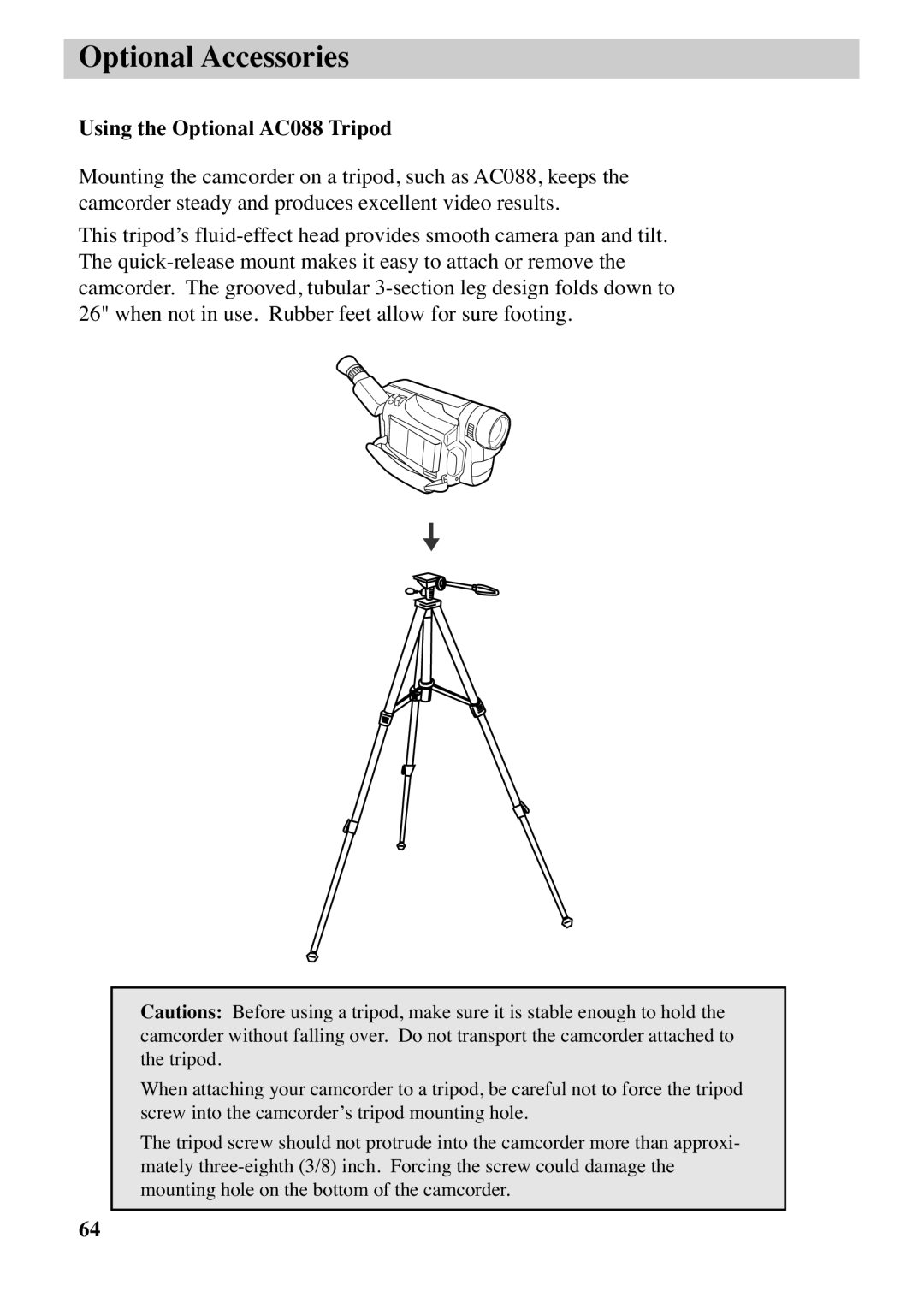 RCA CC6263 manual Using the Optional AC088 Tripod 