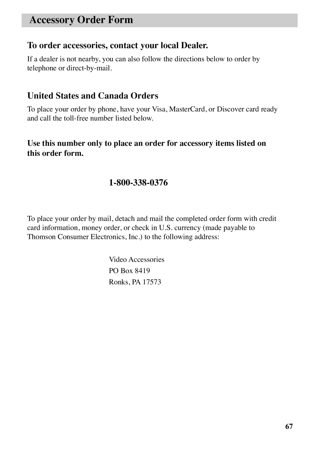 RCA CC6263 manual To order accessories, contact your local Dealer, United States and Canada Orders 