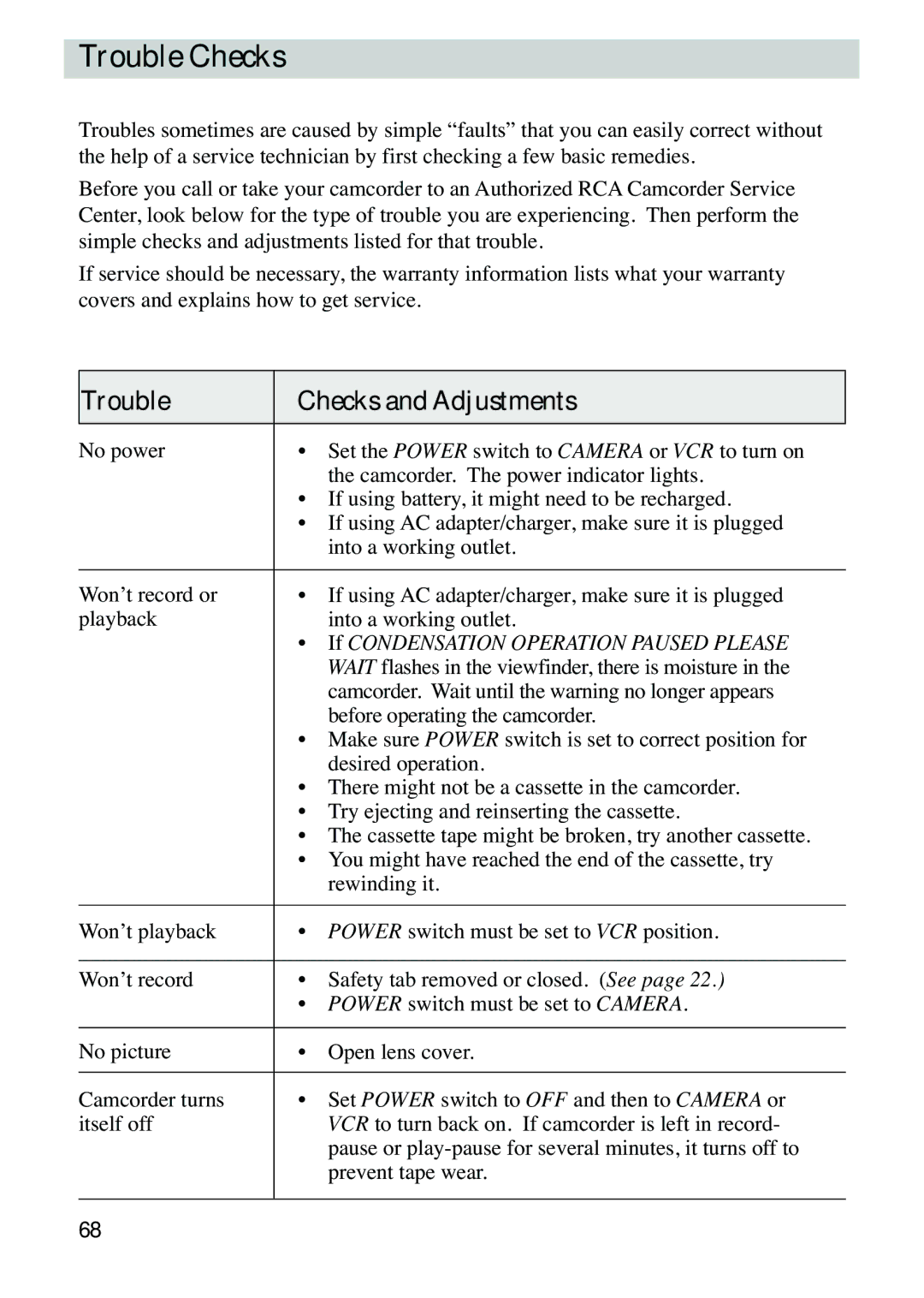 RCA CC6263 manual Trouble Checks and Adjustments 