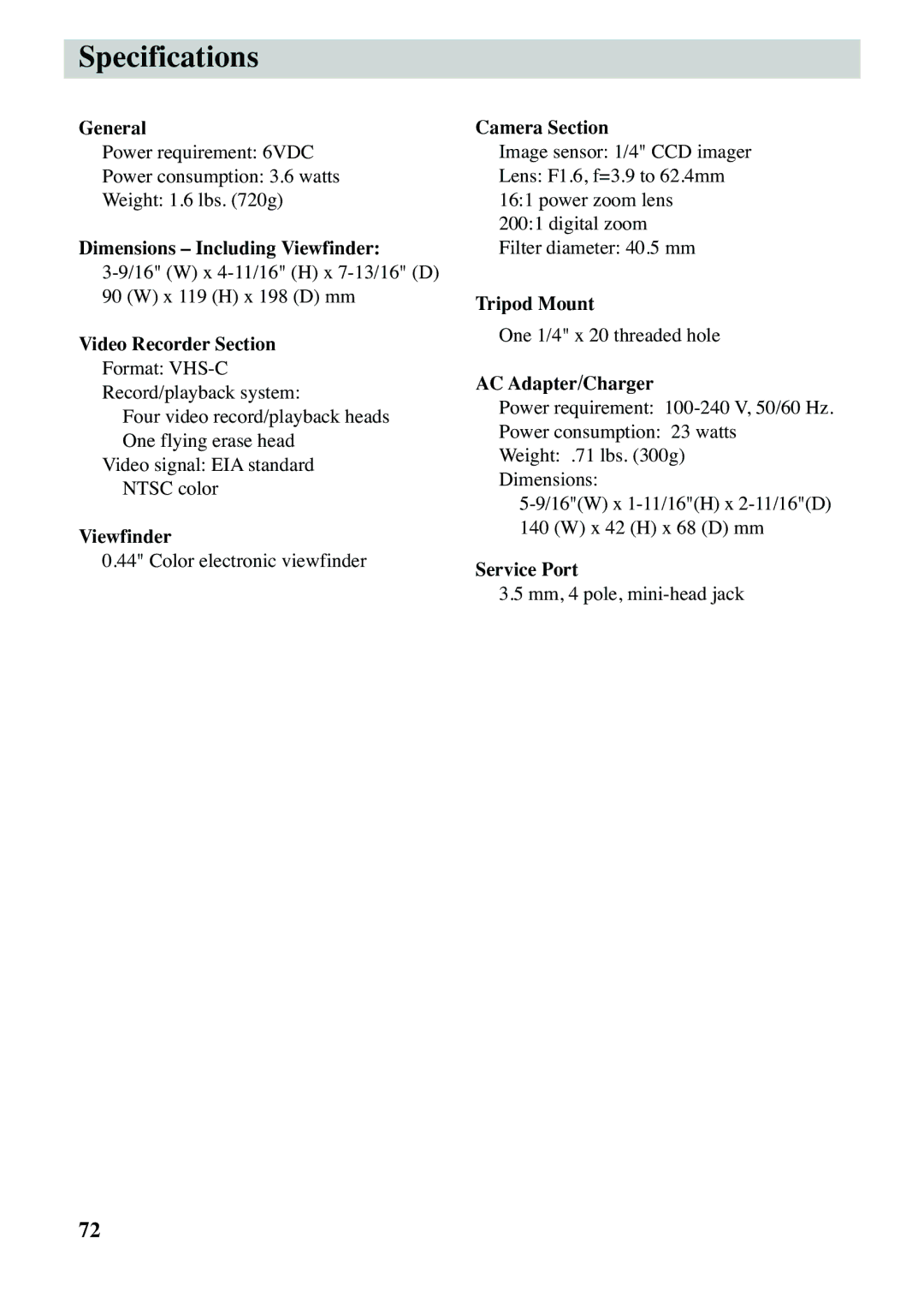 RCA CC6263 manual Specifications, Video Recorder Section 