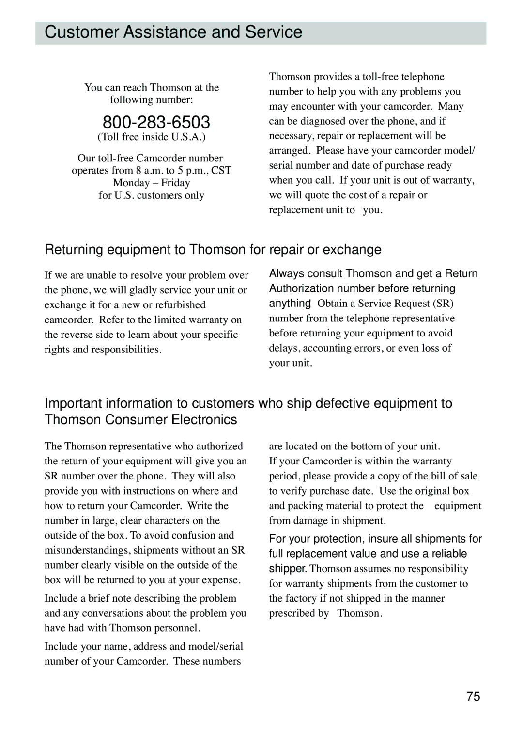 RCA CC6263 manual Customer Assistance and Service, Returning equipment to Thomson for repair or exchange 